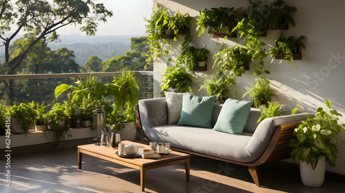 Tableau sur toile Modern balcony sitting area decorated with green plant and white wall Generative