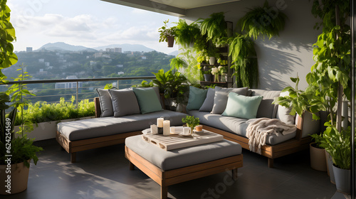 Fotografia Modern balcony sitting area decorated with green plant and white wall Generative