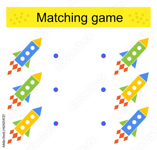 Matching game. Task for the development of attention and logic. Cartoon rocket.
