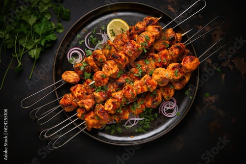 Indian chicken tikka on skewers, Indian tandoori chicken kabab spicy dish cuisine photo