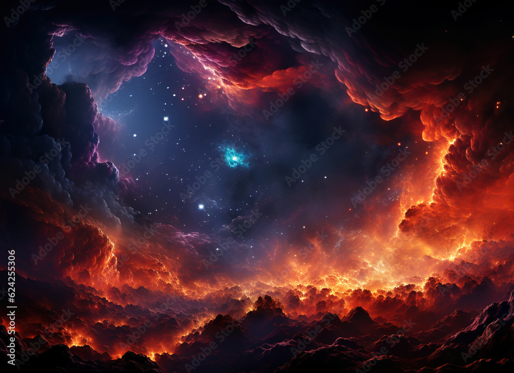 Abstract background. The rocky surface of the planet is engulfed in flames.