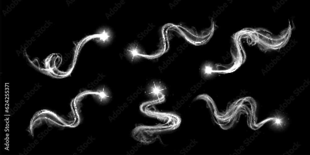 Fototapeta premium Magic spiral white light glow effect vortex wave vector. Wind swirl and curve line shine with energy sparkle, flare and star dust. Abstract mist funnel illuminated. Flying power smoke trail motion