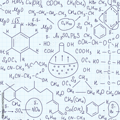 Scientific vector seamless texture with chemical formulas, equations, viruses and dna, handwritten on a grid copybook paper