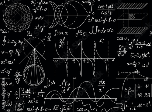 Scientific math educational vector seamless background with formulas, figures, plots, "handwritten with chalk on blackboard"