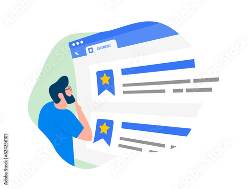 Bookmark favorite websites concept. Add to favorites and save popular webpage in web browser. Male character selects saved in favorite website from the list. Illustration isolated on white background