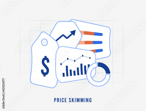 Price Skimming strategy concept. High initial product price, gradual reduction.