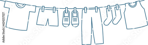 青い破線のシンプルな洗濯物のイラスト