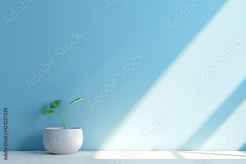 Minimal abstract light blue background for product presentation. Shadow and light from windows on plaster wall with Generative AI technology.