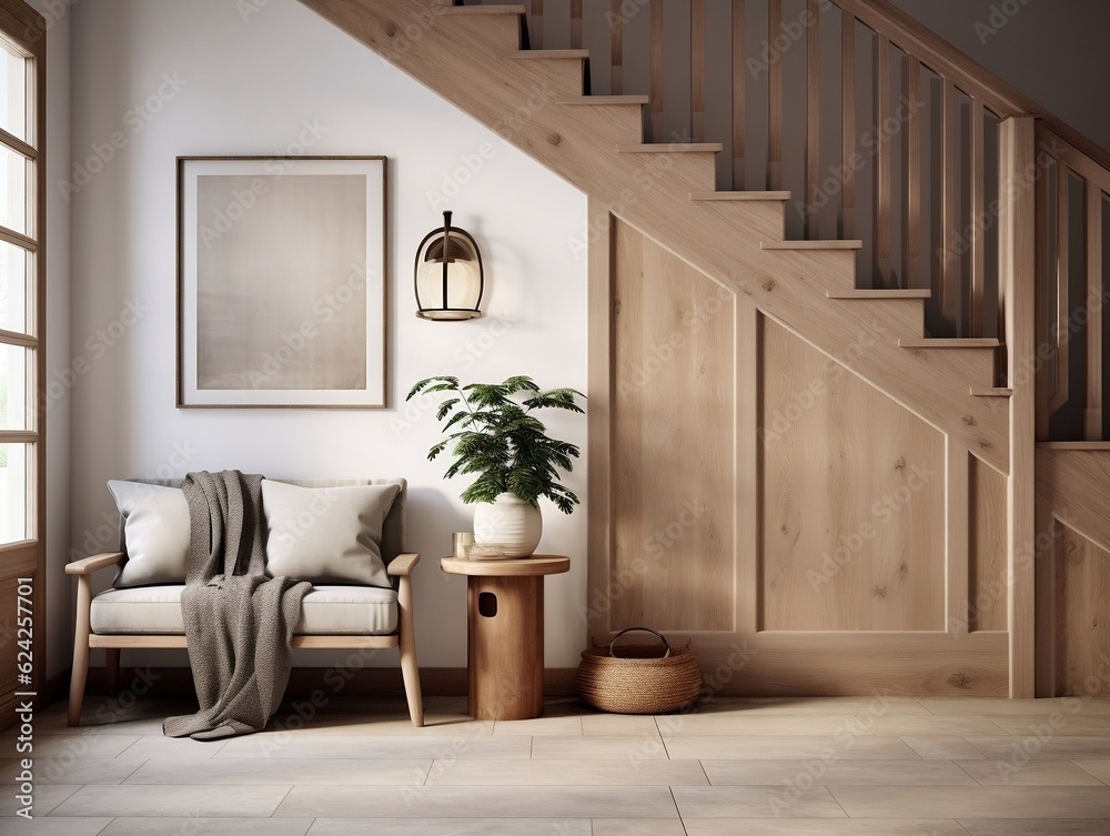 Fototapeta premium Interior design of modern entrance hall with grid door, staircase and rustic wooden accent pieces generative ai