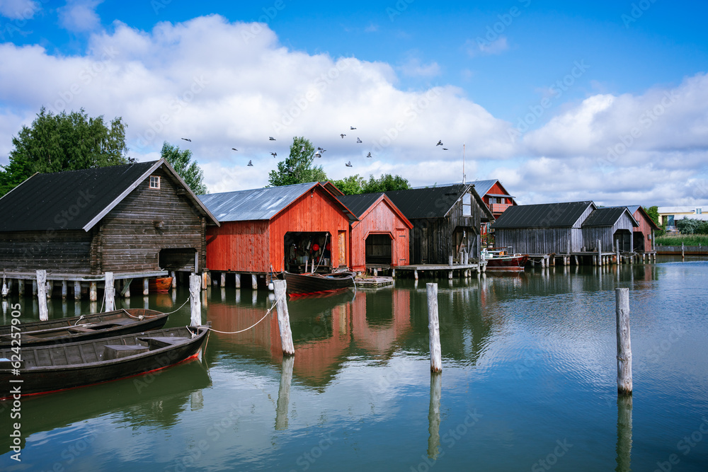 The colorful boathouses of Sjökvarteret in Mariehamn, Åland Islands, Finland