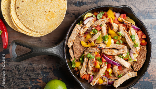 top down photo of mexican steak and chicken fajitas in iron skillet with corn tortillas