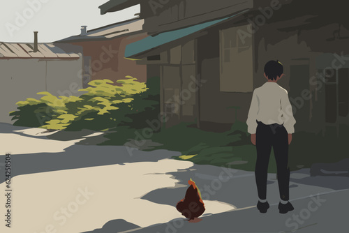 person in the street whit a chiken