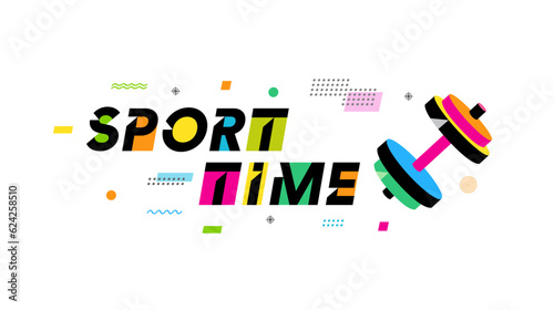 Sport time creative concept with colored dumbbell and memphis background. Vector illustration for fit gym sport design or bodybuilder symbol