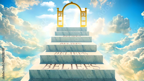 Beliefs as stairs to reach out to the heavenly gate for reward, success and happiness.Beliefs elevates and brings closer to the goals, achievements and final reward, Generative AI,3d illustration