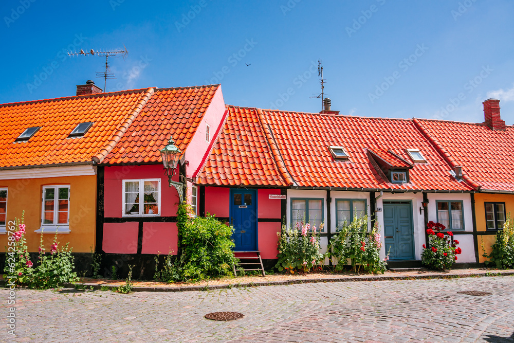 Pretty pink houses and flowering Hollyhock in Rønne on Bornholm Island, Denmark Pretty pink houses and flowering Hollyhock in Rønne on Bornholm Island, Denmark