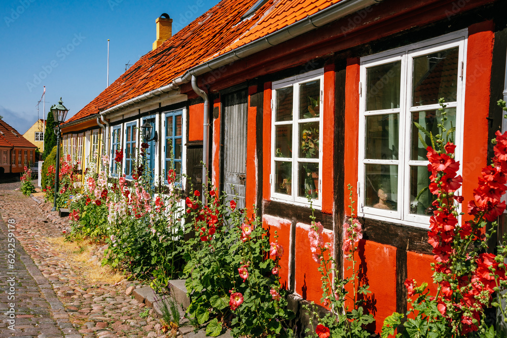 Colorful houses and hollyhocks in bloom in Rønne, Bornholm Island in Denmark