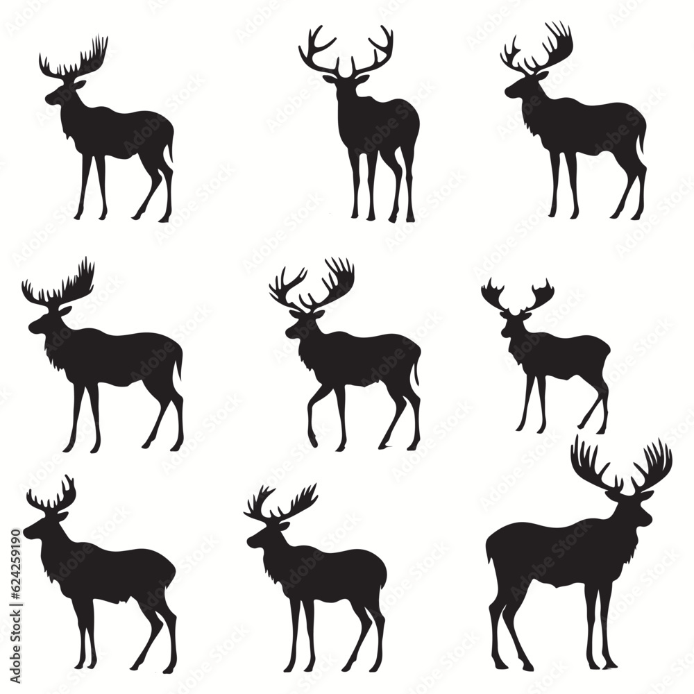 Moose silhouettes and icons. black flat color simple elegant squirrel monkey animal vector and illustration. Moose silhouettes and icons. black flat color simple elegant squirrel monkey animal vector and illustration.