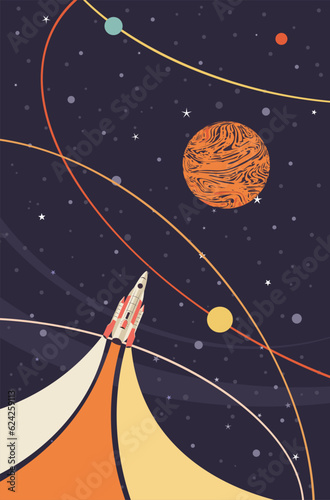 Retro futuristic shuttle in space
