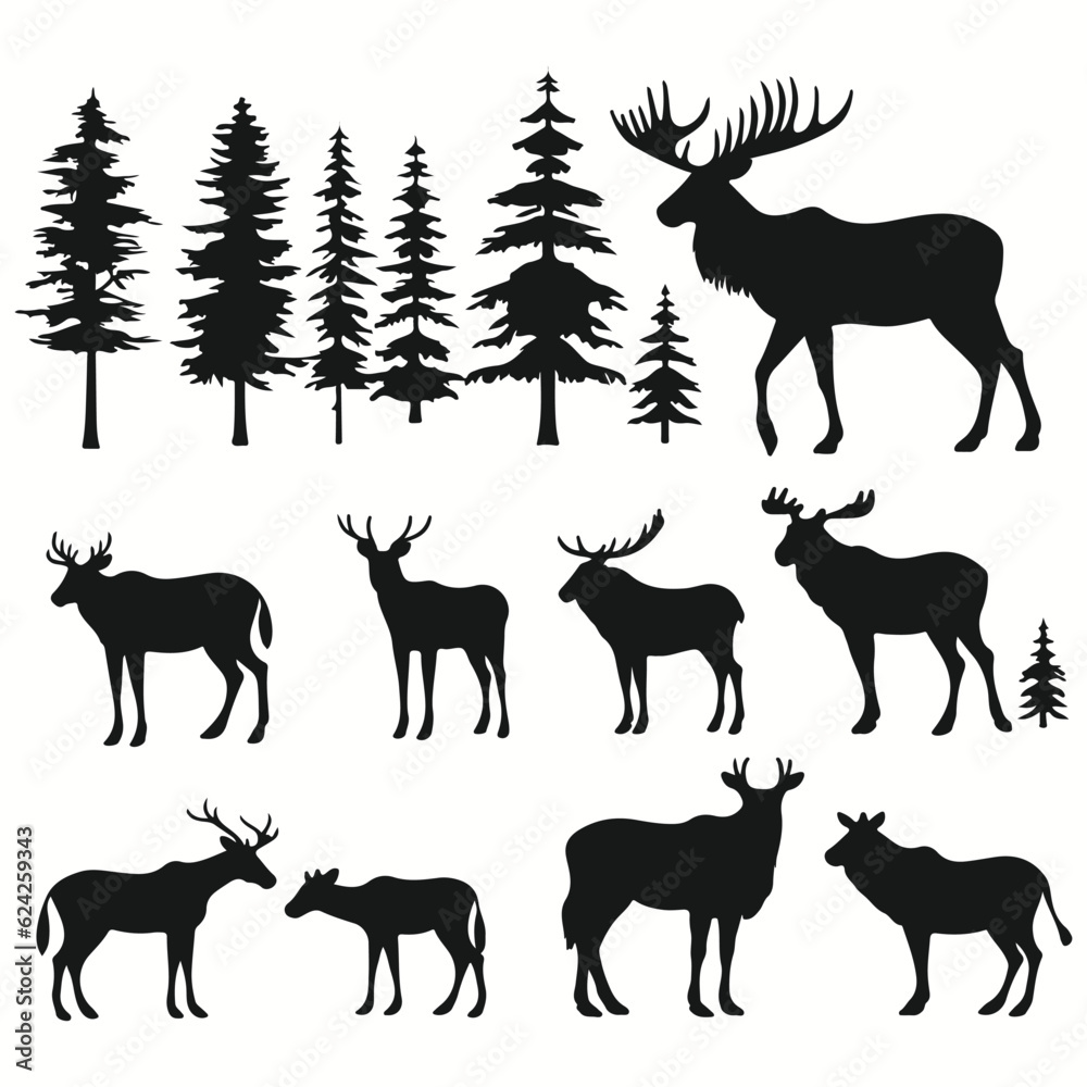 Moose silhouettes and icons. black flat color simple elegant squirrel monkey animal vector and illustration.