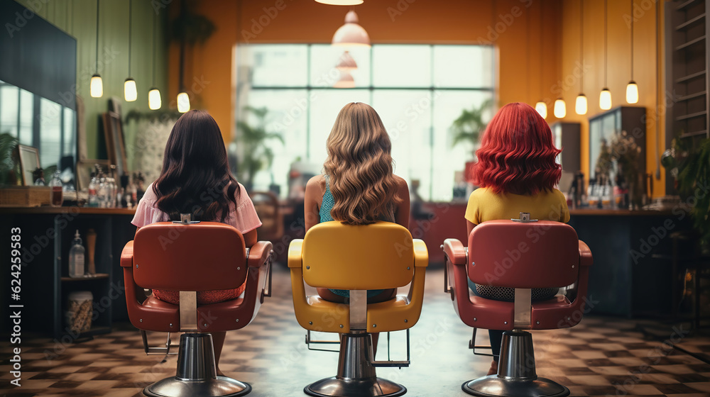 Teens Getting Styled in an Iconic Vintage Hair Salon Chair Stock