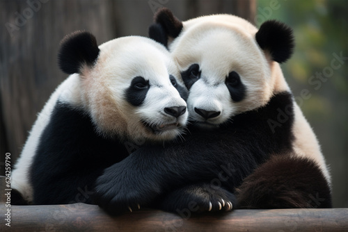 a pair of pandas hugging