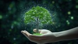 Symbolic green tree in a human hand on blurred background. Respect for nature, sustainable energy, care for the environment, ecological development. Earth Day concept. 3D rendering.
