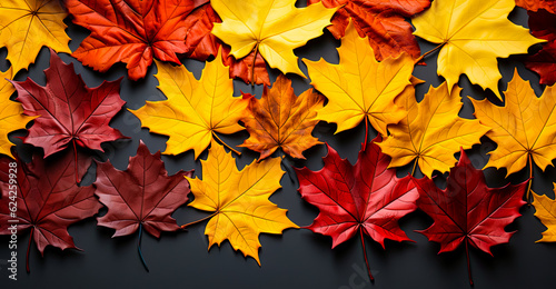 Background from maple leaves on black table, ideas for autumn banner or postcard. AI generated
