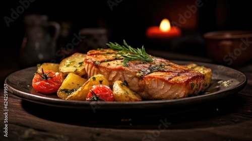 Fried tuna steak with potatoes and vegetables on wooden table. Salmon fish in the restaurant. Generative Ai