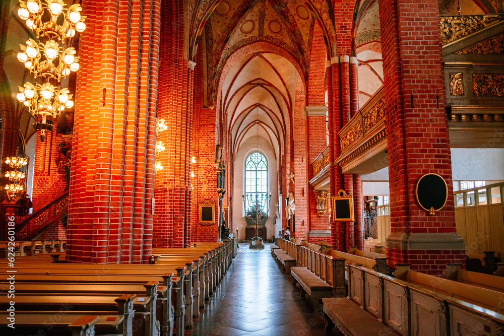 Red brick interior of a church in Stockholm Sweden