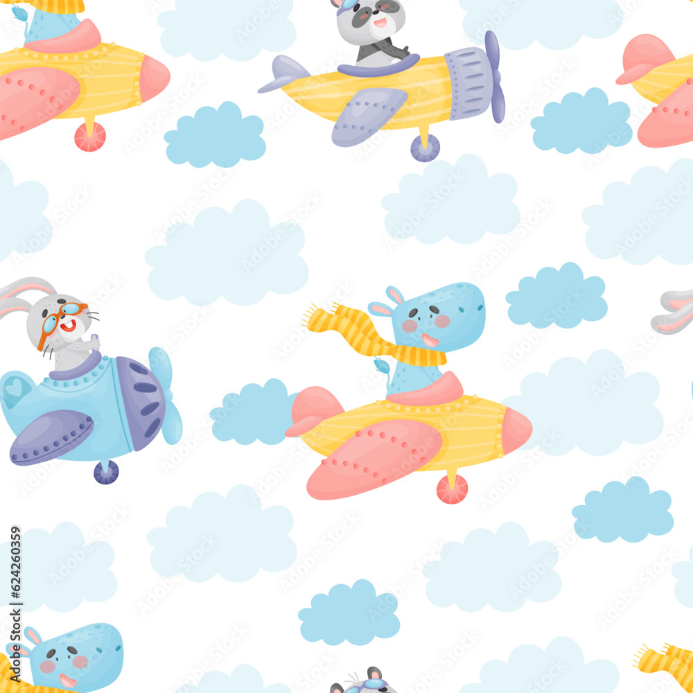 Cute Animal on Plane Flying in the Air Seamless Pattern Design Vector Template