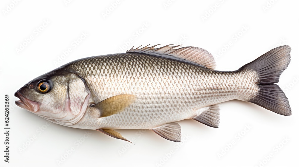 A fresh sea bass fish isolated on white background. Sea bass fish. Generative Ai A fresh sea bass fish isolated on white background. Sea bass fish. Generative Ai
