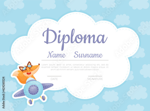Cute Fox Animal on Plane Flying in the Air Diploma Design Vector Template