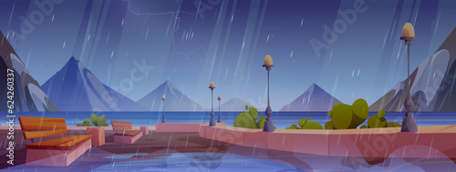 Rainy day on seaside city promenade with mountains on horizon. Vector cartoon illustration of cloudy sky with lightning, water puddles on wet embankment with benches and street lanterns. Resort town