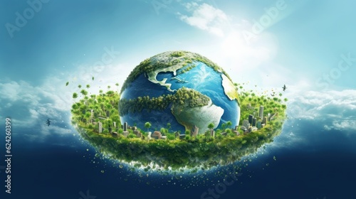 Image of the globe with symbols of human activity and the environment. Environment, save clean planet, ecology concept. Saving nature for future generations. Earth Day banner with copy space.