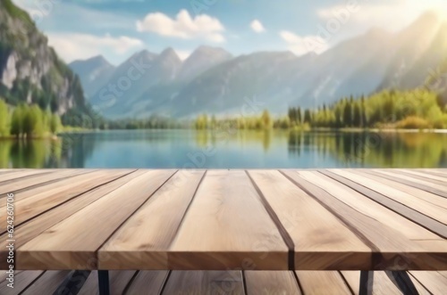 Wooden balcony for product display with blurred lake and mountain backdrop.generative ai