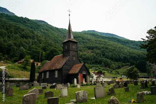 Beautiful black wooden stave church (kyrkje) in Flåm, Norway