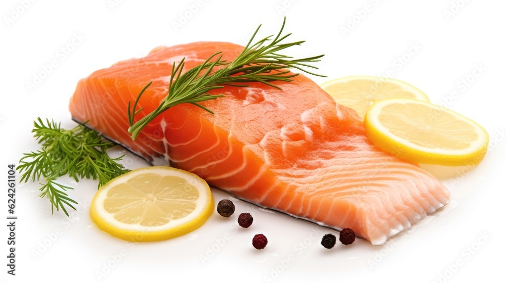 Fresh salmon with ingredients closeup isolated on a white background.  Generative Ai