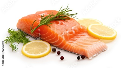 Fresh salmon with ingredients closeup isolated on a white background. Generative Ai