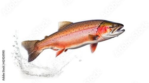 A salmon jumping out of the water isolated on white background. Salmon fish. Generative Ai
