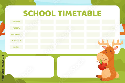 School Timetable with Funny Forest Elk Animal Eat Apple Vector Template