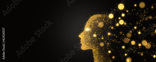 AI, artificial intelligence, human face with luminous particles floating out of the head. Consciousness, awareness, and mindfulness background. Technology illustration