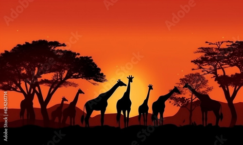 giraffe safari sunset silhouette wild animal wildlife nature africa elephant. Generative AI.