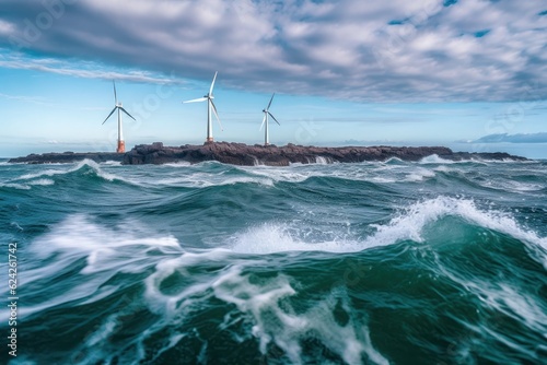 Offshore wind farm on a small rocky island in the middle of a stormy north sea. Beautiful seascape with the wind generators. Sustainable green energy concept. 3D rendering.