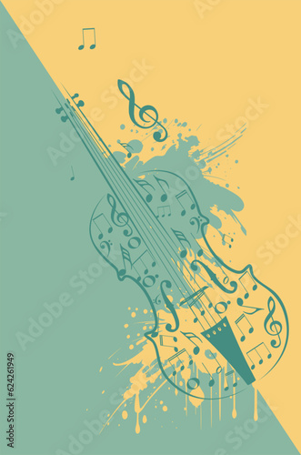 Violin with music notes and splatters
