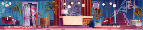 Abandoned dirty hotel lobby room interior cartoon background. Tourism business messy hall with broken furniture and spider web in corridor stairs. Hospitality service trolley in chaos of mess lounge
