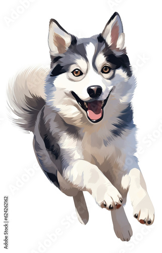 Funny Siberian husky running and jumping, cartoon flat illustration isolated.