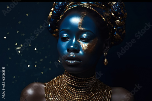 Black Woman Futuristic Ethnic. African American Fashion Portrait, Body Art, Headdress, Jewelry, Beauty Accessories. Generative AI.