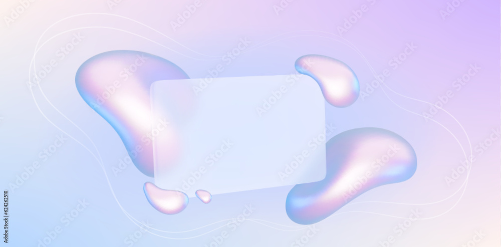 Abstract gradient background with glass card and liquid holographic shapes. Glass morphism concept with blank transparent banner and fluid shapes, vector 3d illustration Abstract gradient background with glass card and liquid holographic shapes. Glass morphism concept with blank transparent banner and fluid shapes, vector 3d illustration