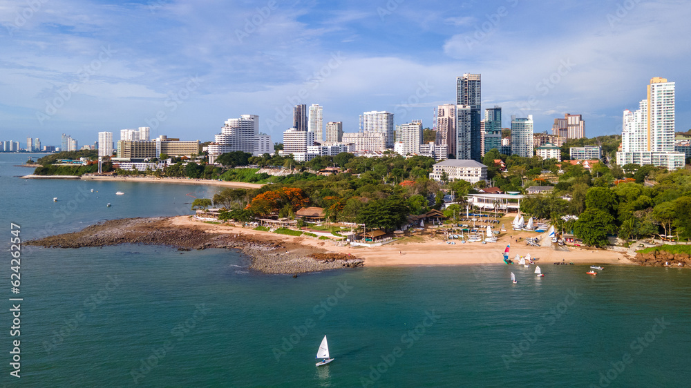 Aerial high angle photo The beautiful city of Pattaya and the clear sky sea. Atmosphere to travel and relax, Chonburi, Thailand