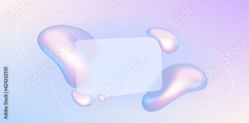 Abstract gradient background with glass card and liquid holographic shapes. Glass morphism concept with blank transparent banner and fluid shapes, vector 3d illustration